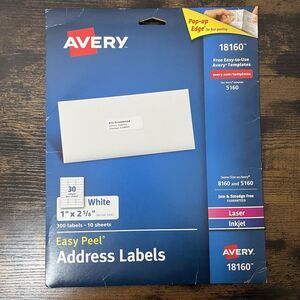 Avery Easy Peel Mailing Address Labels Inkjet 1 x 2 5/8 White 300/Pack 18160 NIP